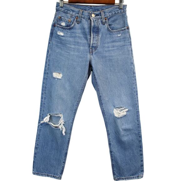 Levis 501 Womens Jeans 24x26 Distressed Button Fly High Rise Straight Go‎ See - Picture 1 of 8